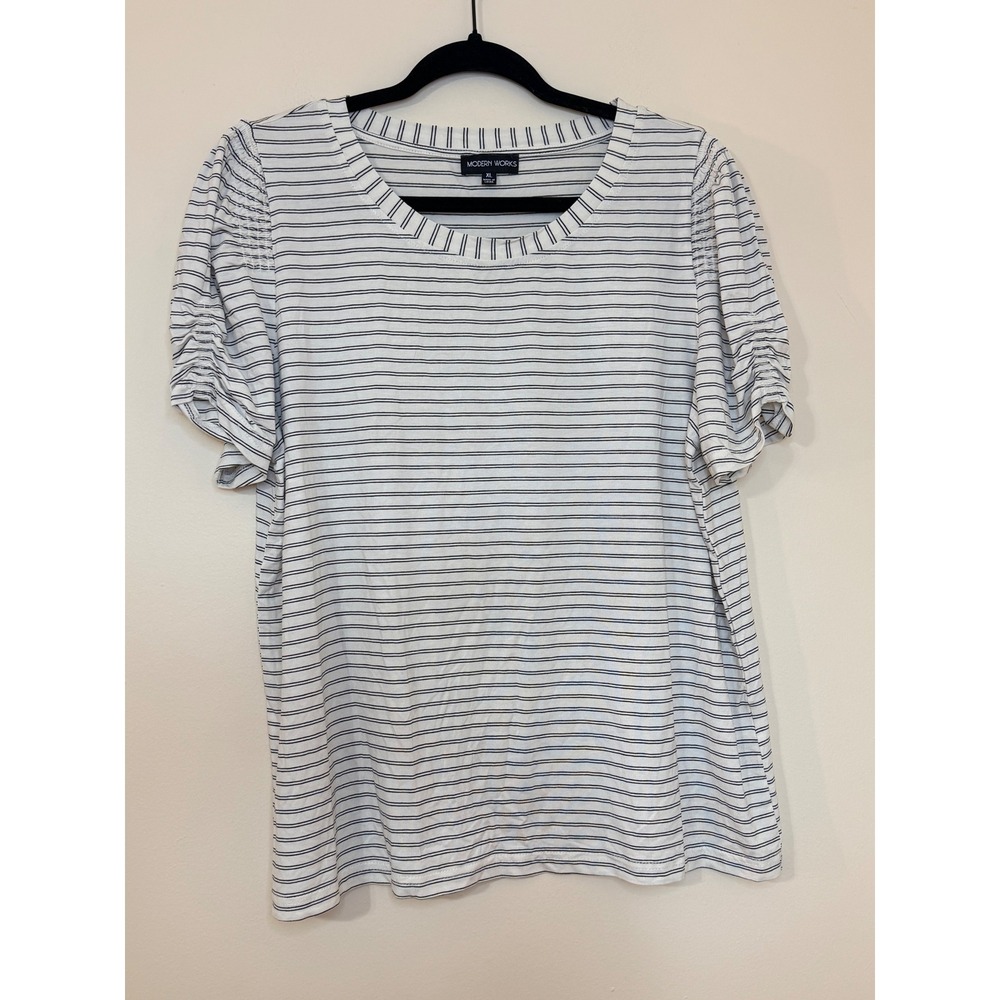 Modern Works Womens XL Striped Short Sleeve Ruched Shoulder Knit Top White Black